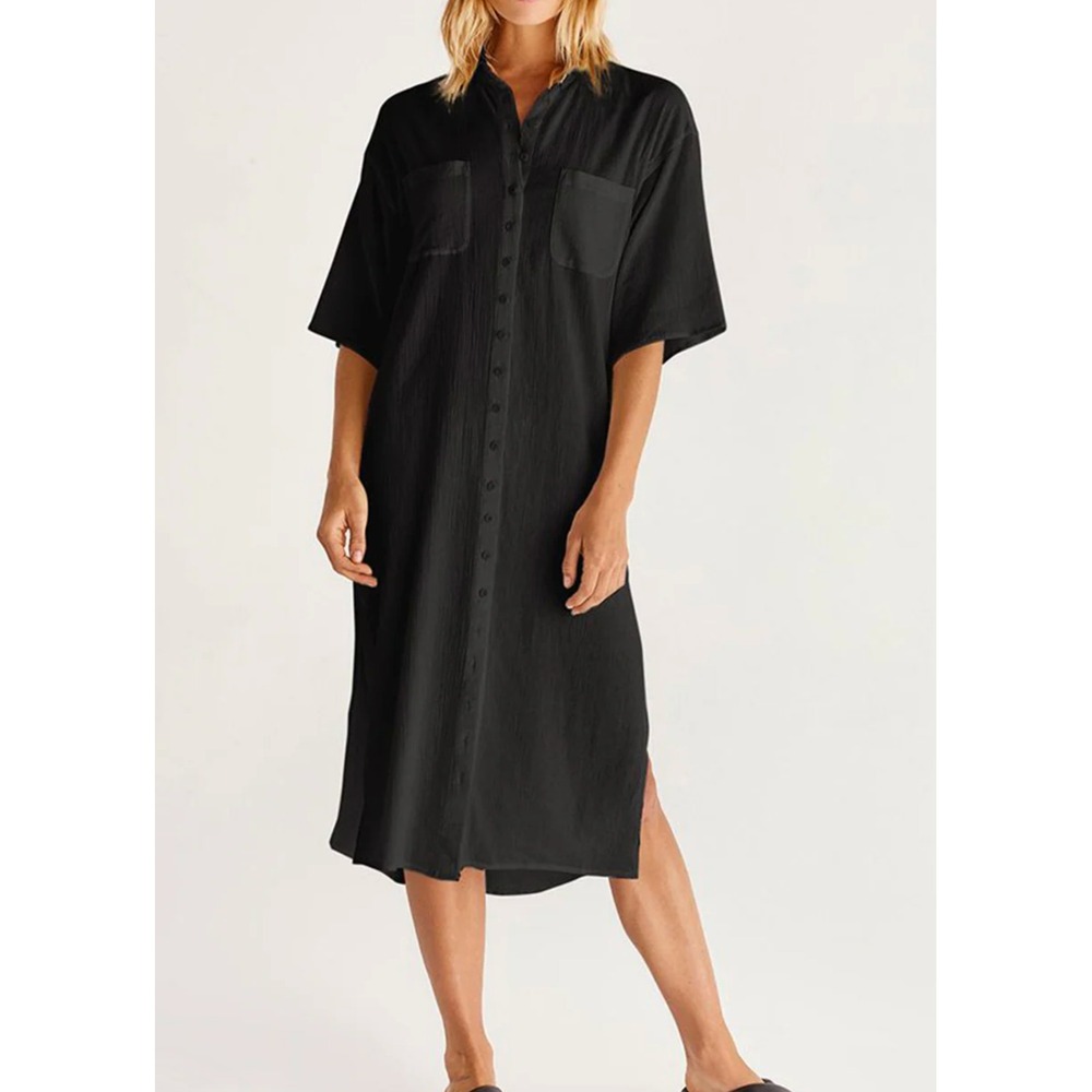 NEW Z Supply Lina Button Up Duster Shirt Dress Coverup Black Cotton Size Small